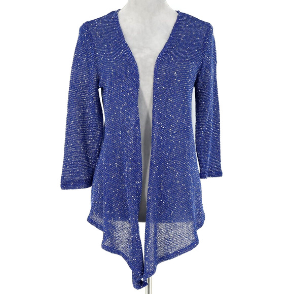 Chicos Easywear Sweater 1 Womens Medium Blue White Cardigan Open Front Knit - Picture 1 of 13